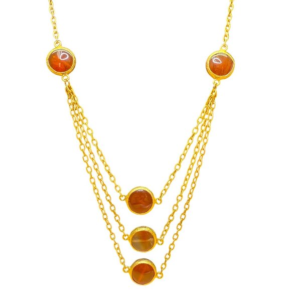 Three-Tiered Gold Tone Necklace With Amber Stone Accents 30 Inches Long Statemen - Picture 2 of 6